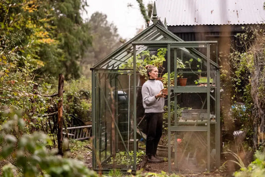 A person stands inside a glass Rhino Greenhouse, tending to plants on shelves. The surroundings are lush with greenery and trees, creating a dense garden atmosphere.