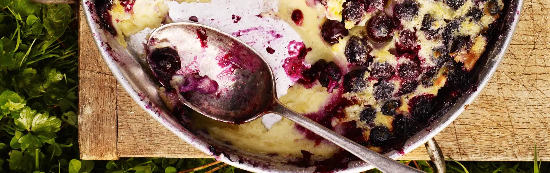 Blueberry Clafoutis on a wooden board