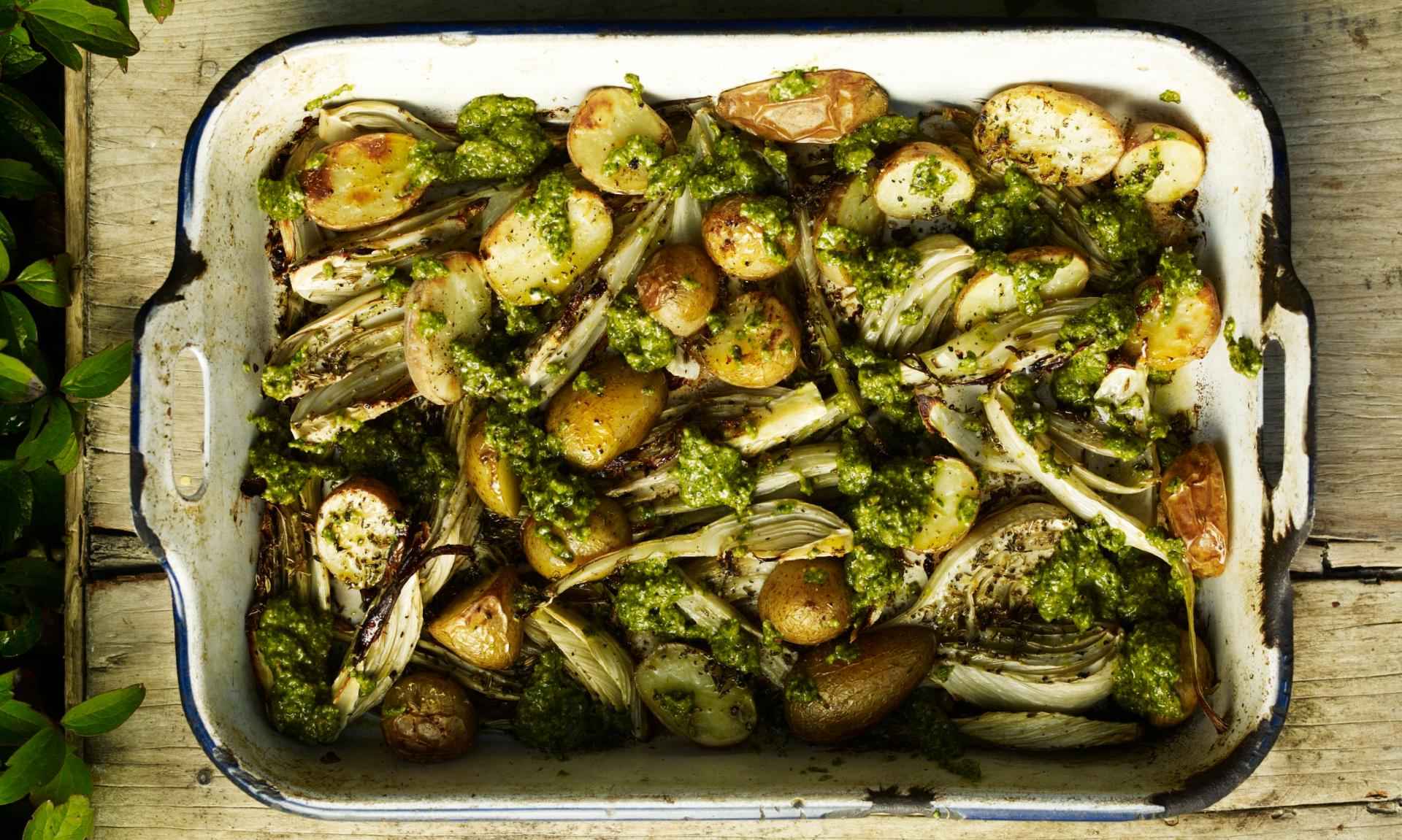 Roast Fennel and Potatoes in a white dish