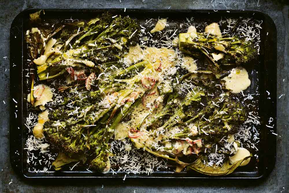 Roast Purple Sprouting Broccoli with Anchovy, Cream, Chilli & Parmesan