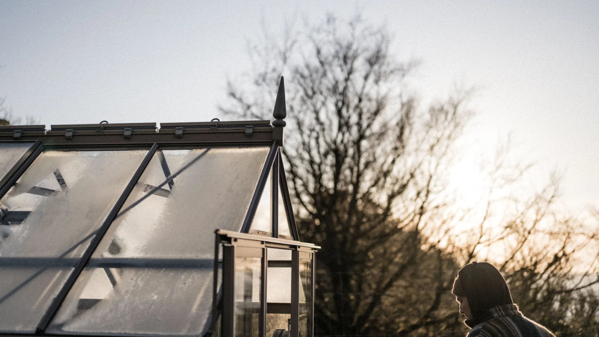 A frosty greenhouse with the sunrising in the background