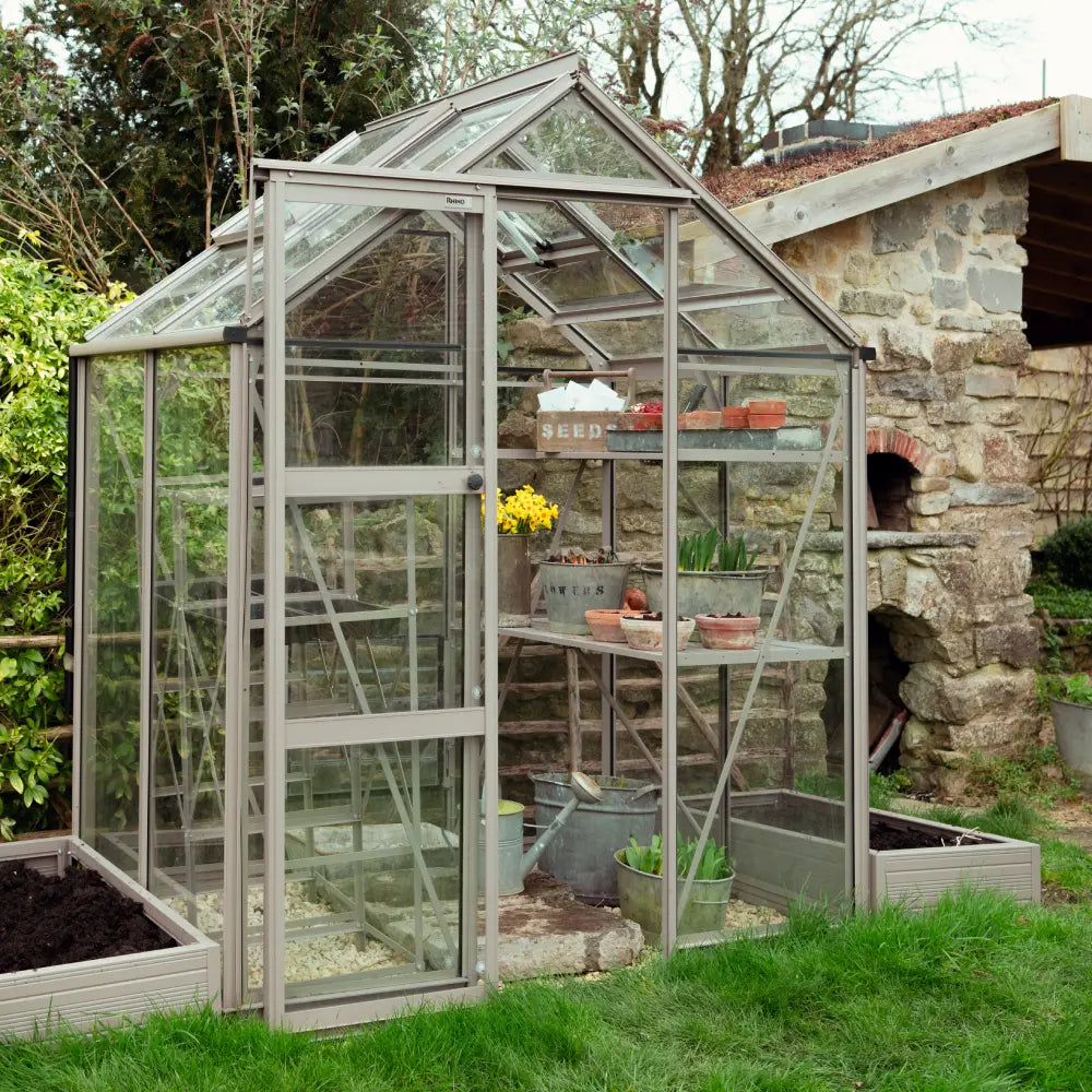 Two 2x4 Single Tier Raised Beds next to Rhino Greenhouse